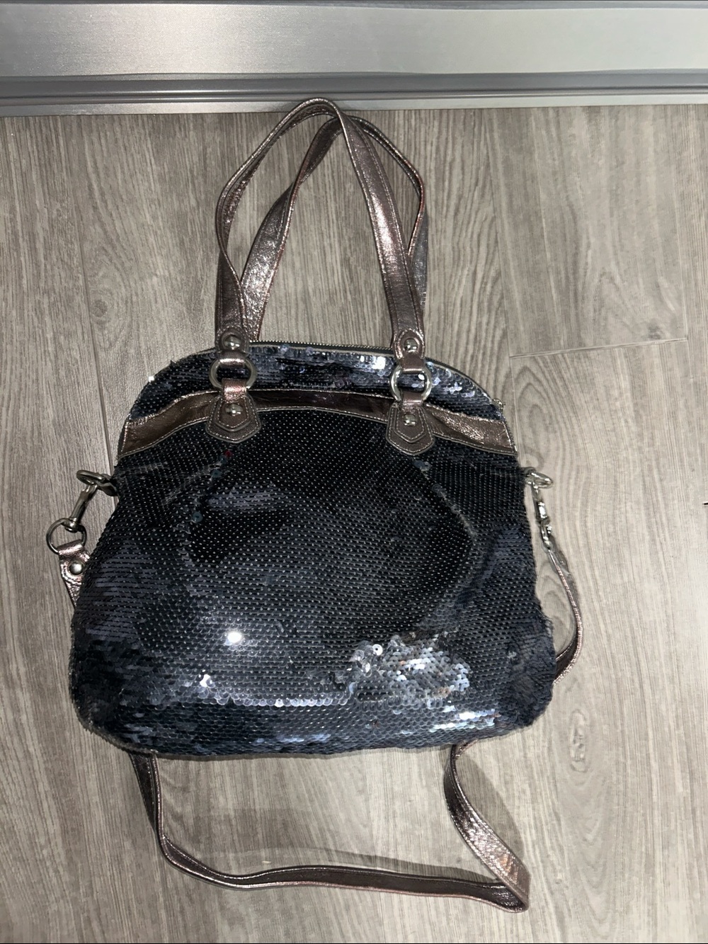 Coach Black Sequin Satchel with Metallic Rose Trim - Picture 4 of 6
